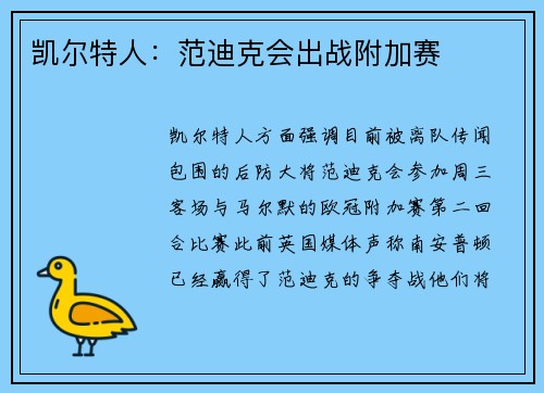 凯尔特人：范迪克会出战附加赛