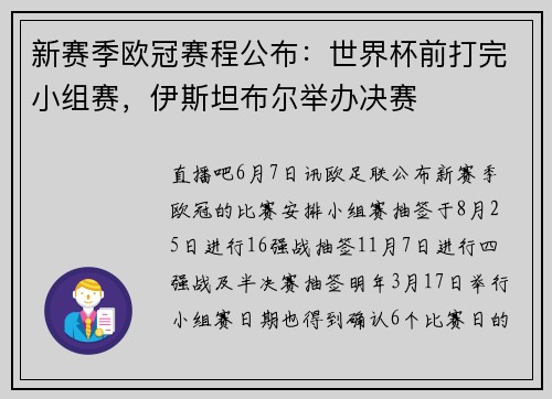 新赛季欧冠赛程公布：世界杯前打完小组赛，伊斯坦布尔举办决赛