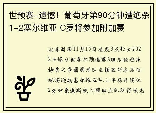 世预赛-遗憾！葡萄牙第90分钟遭绝杀1-2塞尔维亚 C罗将参加附加赛